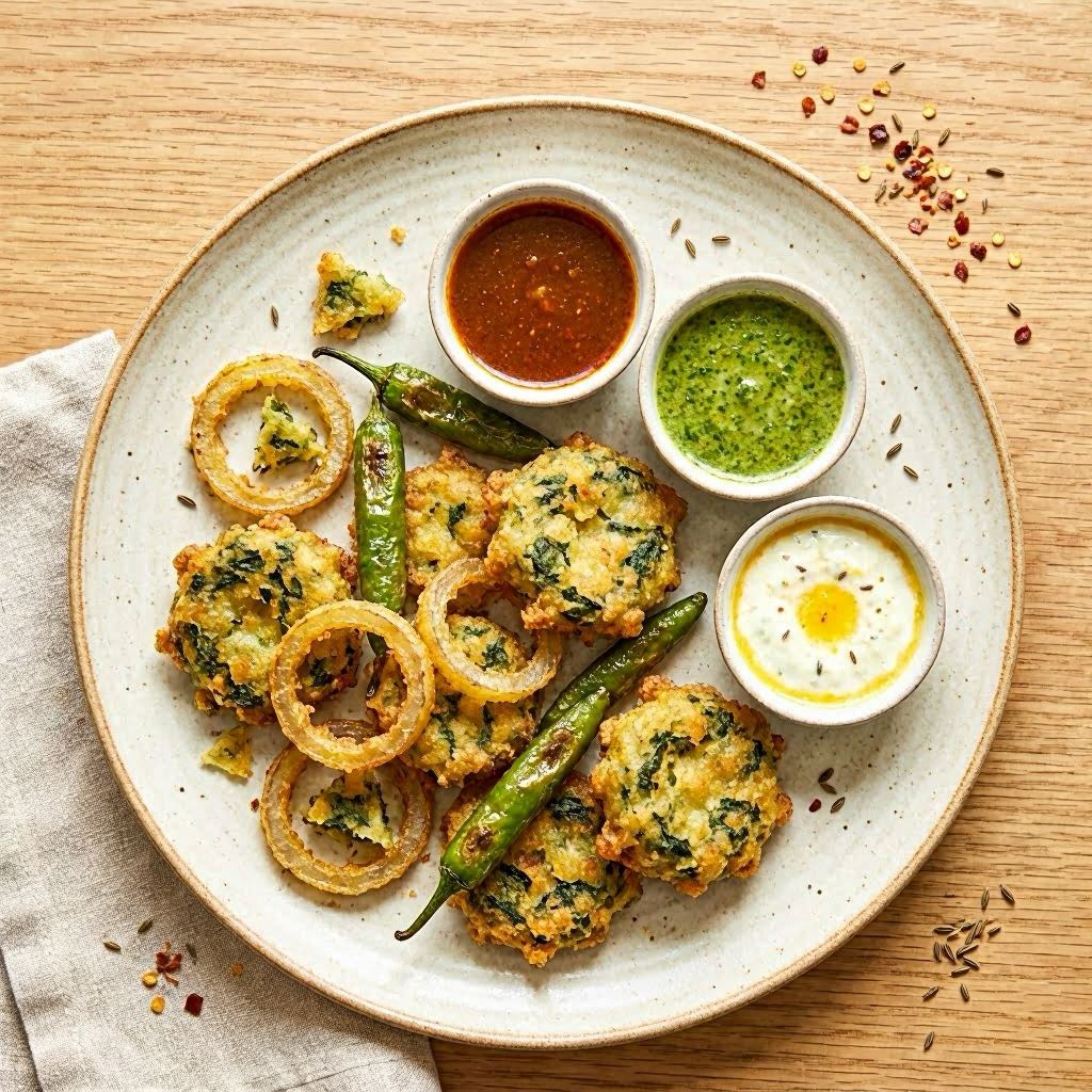 An overhead flat-lay of assorted vegetable pakoras—onion, spinach, chili—arranged on a round ceramic plate with colorful dipping sauces, surrounded by scattered cumin seeds and chili flakes, styled in modern minimalism with complementary warm and cool tones, photographed with a 35mm lens in natural window light.