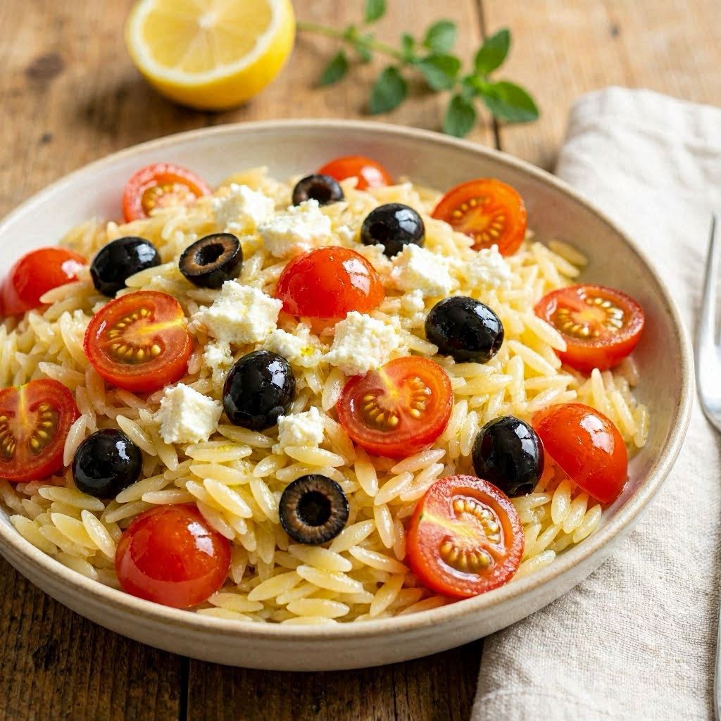 A tight close-up of Greek orzo salad highlighting crumbled feta melting slightly over warm pasta, juicy cherry tomato halves, and glossy black olives, illuminated by soft diffused daylight, rich color saturation, shot with an 85mm portrait lens for intimate food detail.