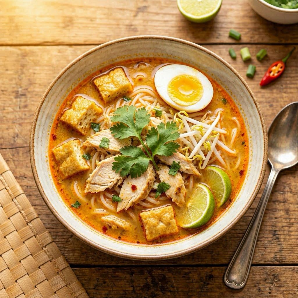 An overhead shot of Malaysian curry laksa in a ceramic bowl, brimming with chicken slices, golden tofu puffs, crisp bean sprouts, and a halved soft-boiled egg, garnished with fresh cilantro and lime wedges, set on a rustic wooden table under warm golden hour light, captured with a 50mm lens for shallow depth of field.