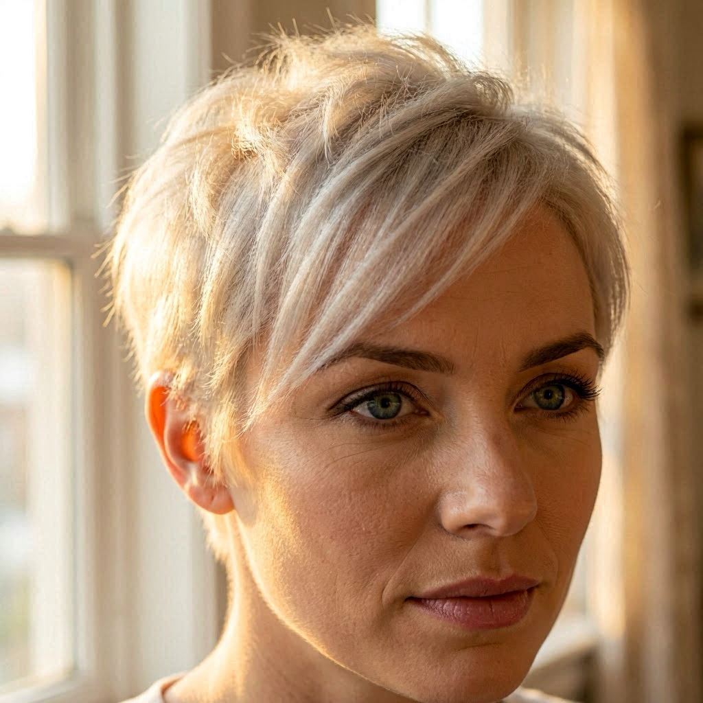 An extreme close-up of platinum blonde short spiky hair with asymmetrical bangs, every strand sharply defined, illuminated by golden hour sunlight streaming through a window, macro beauty photography with creamy background blur, warm complementary tones.