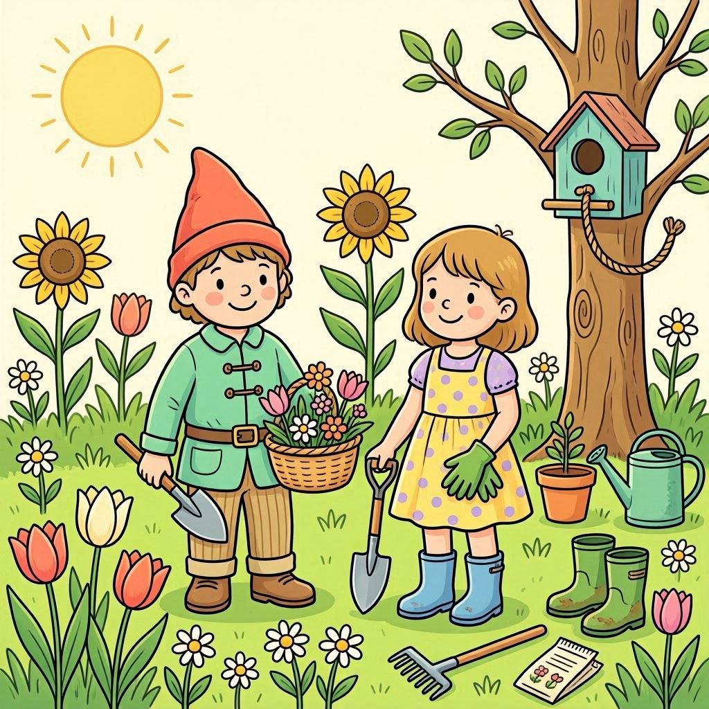 A cheerful spring clipart scene featuring two children, one dressed as a gnome holding a shovel and basket of flowers, surrounded by blooming tulips, daisies, and sunflowers, a birdhouse on a tree, gardening tools, gloves, and boots, under a bright golden sun, in vibrant vector art style with crisp outlines and flat pastel colors.