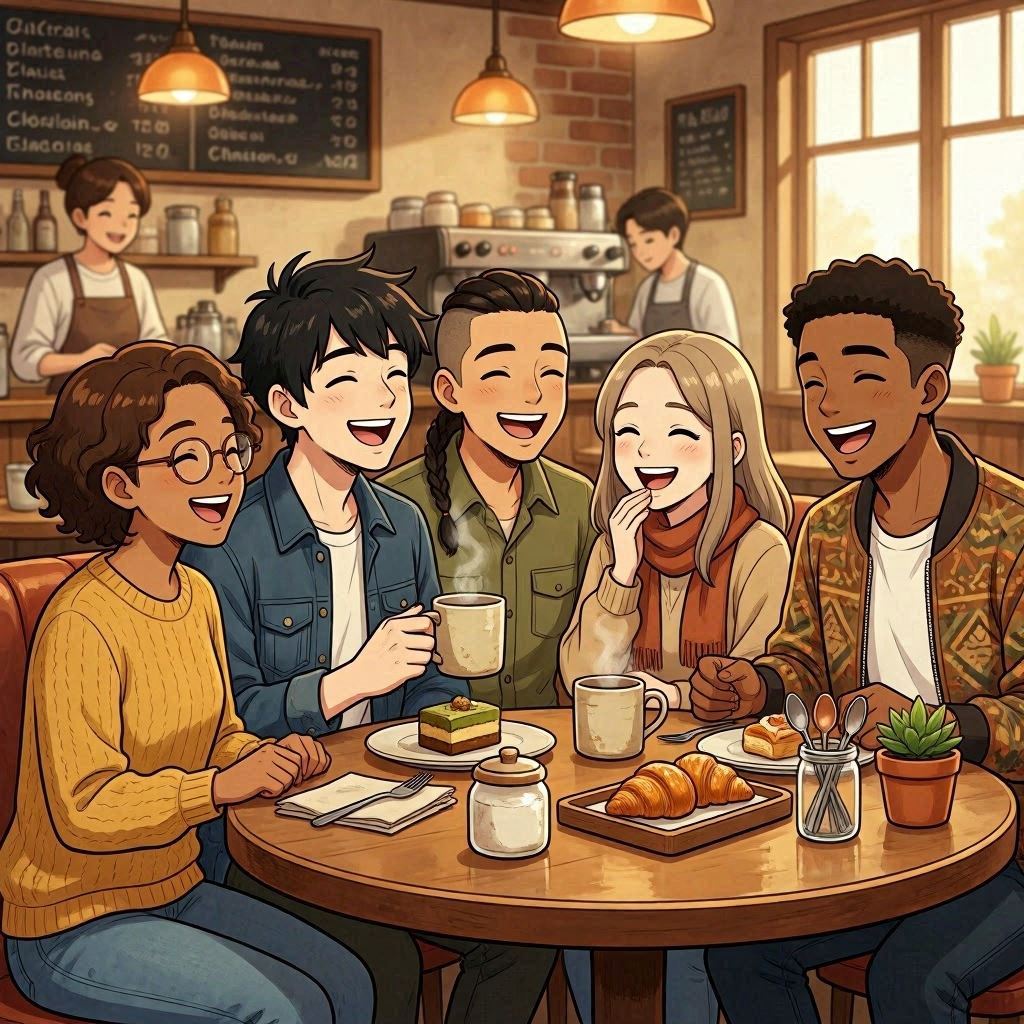 A group of diverse anime friends laughing together at a café table, expressive faces full of joy, cozy indoor lighting, warm earthy tones, slice-of-life anime style, shallow depth of field for intimate feel.