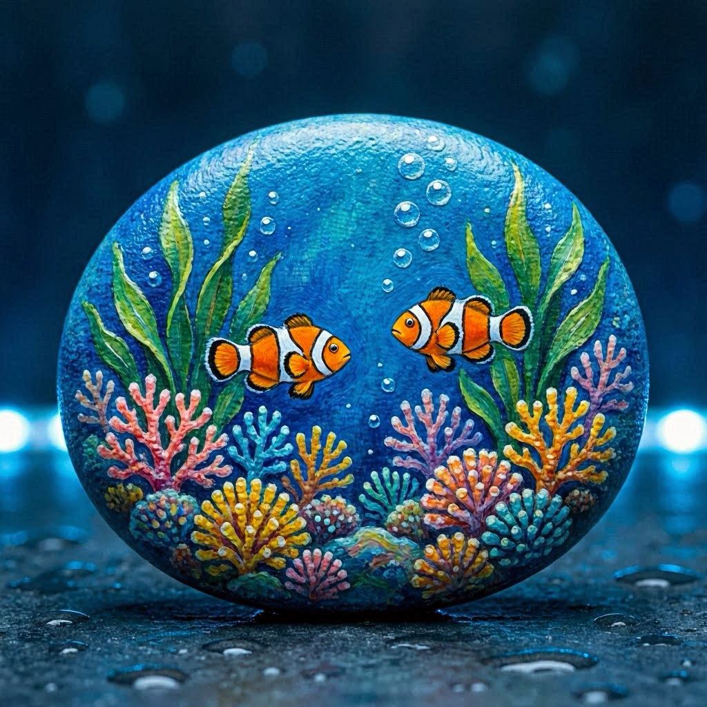 A flat pebble painted with an underwater coral reef scene, featuring clownfish swimming among green sea plants and colorful corals, deep blue gradient background with bubbles. Lit with cool-toned LED lighting to mimic aquatic ambiance, photographed in macro with f/2.8 aperture for rich detail.