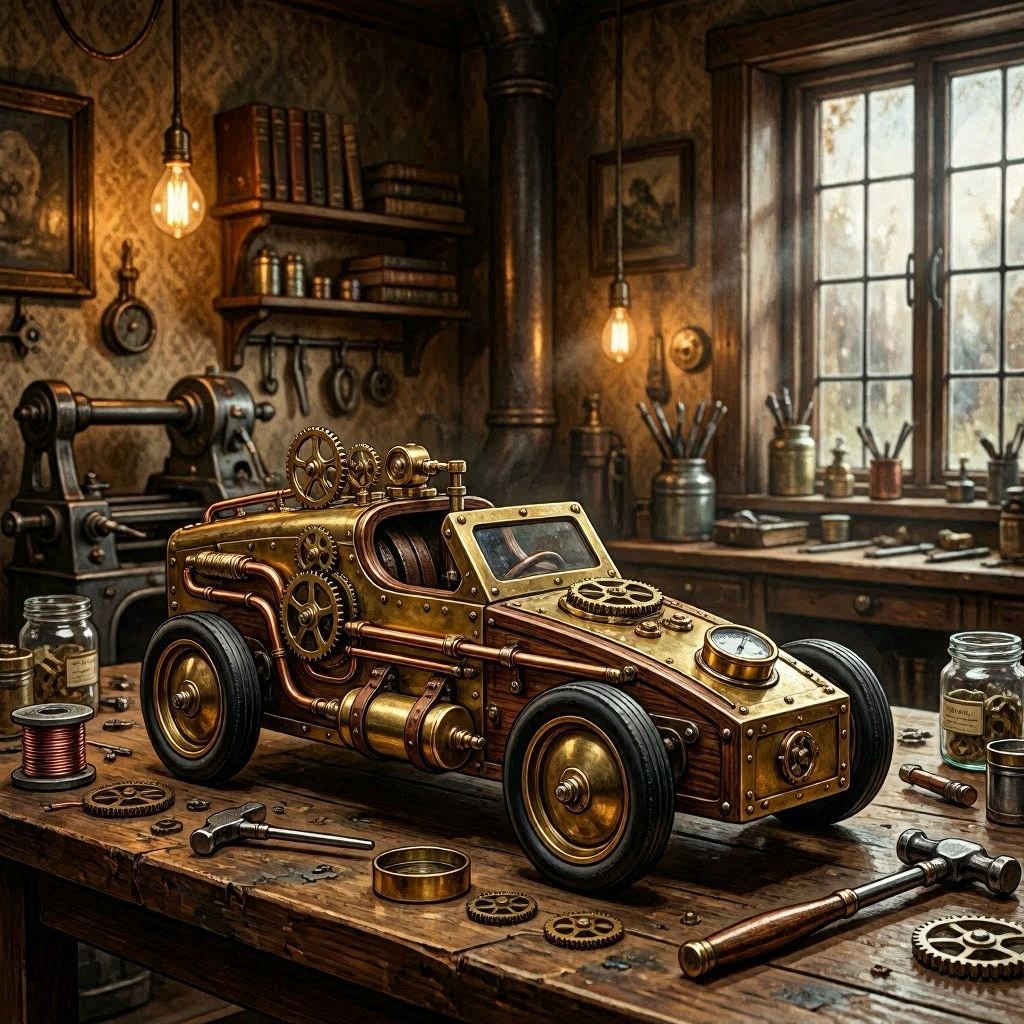 A pinewood derby car transformed into a steampunk marvel, adorned with brass gears, copper pipes, and riveted panels, set in a smoky Victorian workshop environment, illuminated by warm amber Edison bulbs, rendered in detailed digital art with intricate shading and metallic highlights.