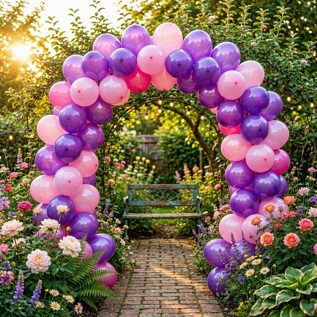 A lush garden setting with a vibrant balloon arch made of purple and pink balloons, surrounded by blooming flowers and greenery, captured in golden hour sunlight with soft shadows, realistic photography style, 50mm lens, shallow depth of field for dreamy bokeh.