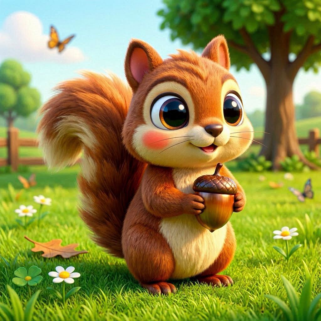A stylized 3D render of a cartoonish squirrel with oversized eyes and fluffy tail, holding a shiny acorn while standing on bright green grass, vibrant saturated colors, soft ambient lighting, rendered in Unreal Engine 5.