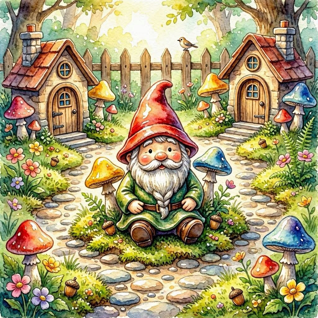 A whimsical gnome statue nestled in a miniature fairy garden with tiny mushroom houses, colorful flowers, and winding pebble paths, illustrated in vibrant storybook watercolor style, dappled sunlight creating playful highlights.