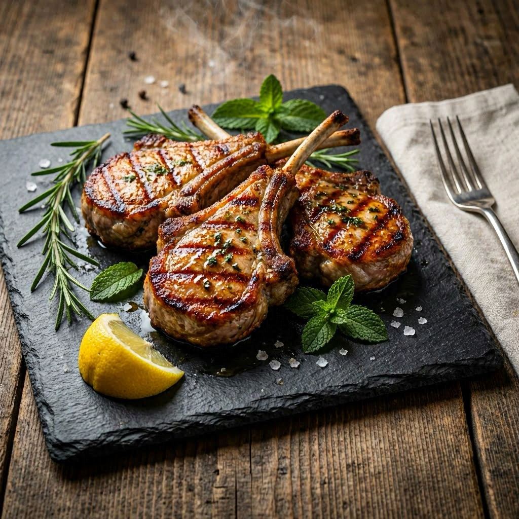 Golden-brown grilled lamb chops infused with mint and rosemary marinade, resting on a slate serving platter with scattered sea salt crystals, dramatic chiaroscuro lighting highlighting the caramelized surface, photographed with a tilt-shift lens for selective focus and artistic depth.